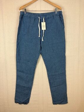 Alex Crane Bo Pants Linen Blue Stripe Drawstring Waist XL NWT